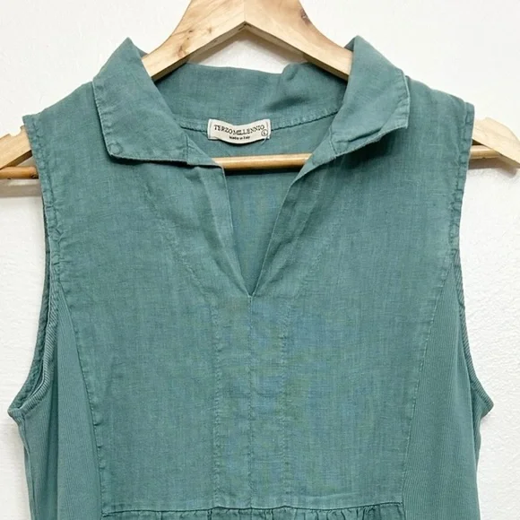 Terzo Millennio 100% Linen Sleeveless V-Neck Blue Green Knee Length Dress Sz Lrg - Picture 3 of 9
